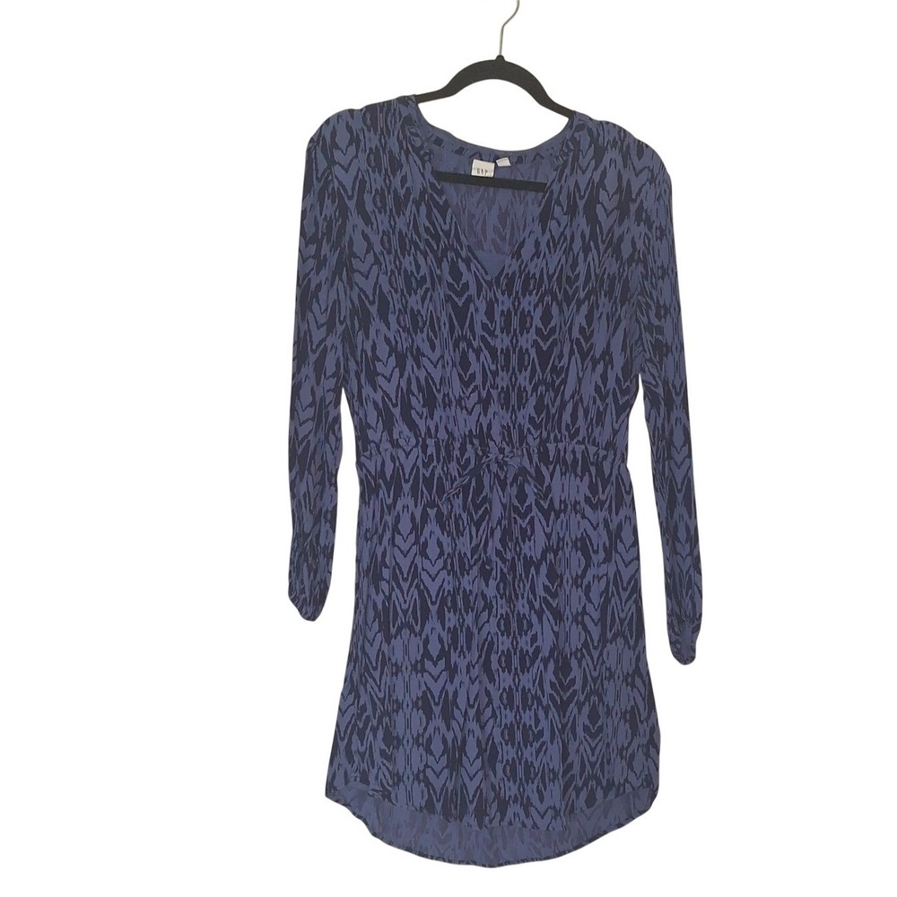 Gap Womens Blue Ikat Print V-Neck Long Sleeve Elastic Waist Mini Dress Size M